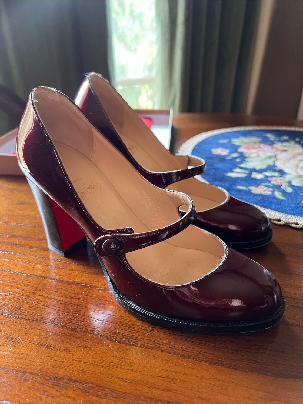 Christian Louboutin Burgundy Patent Mary Jane Heels with Red Soles